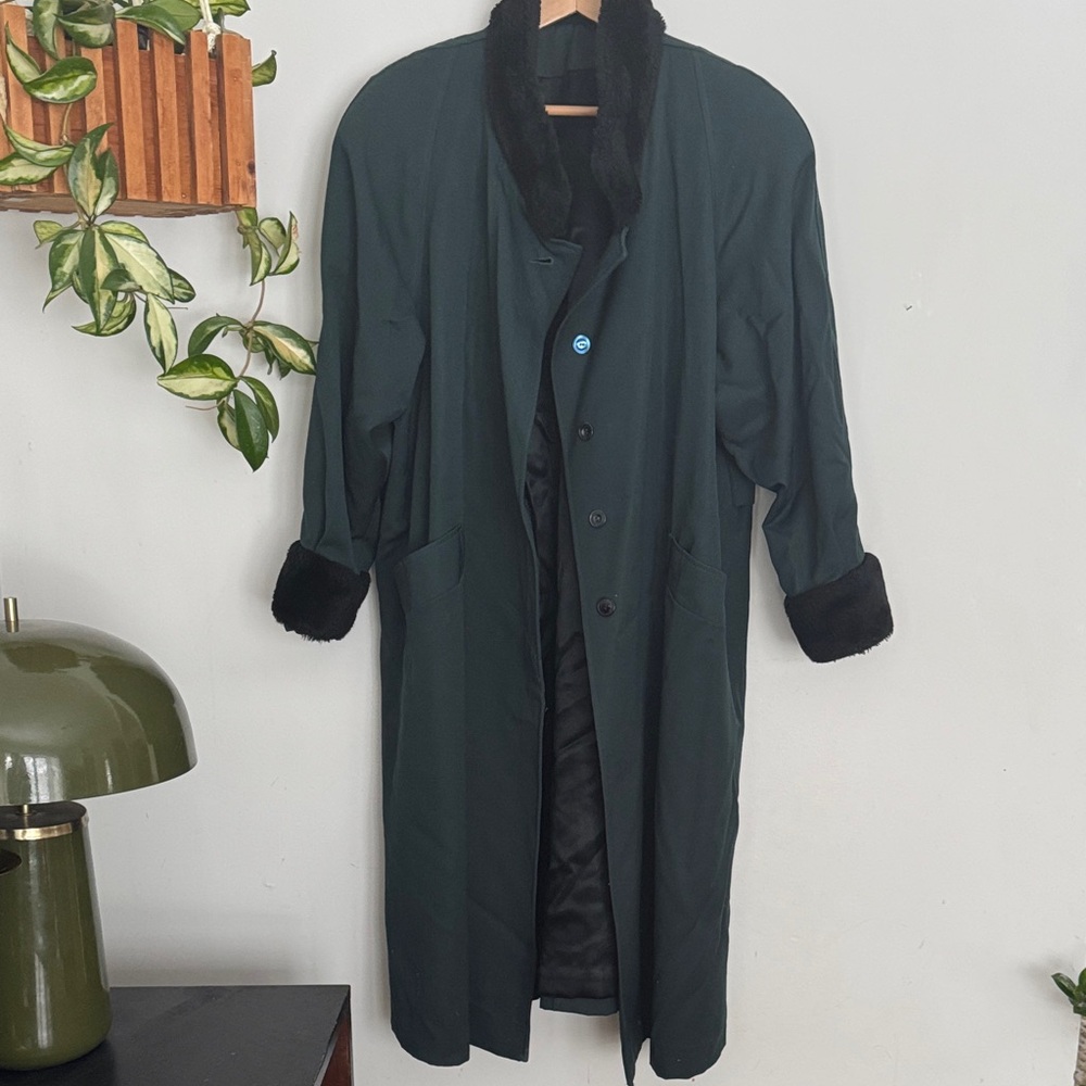 Vintage Wool Dark Green Trench Coat with Black Fur Trim